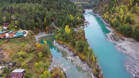 Mountain landscapes overlooking a mountain river. Stock Footage 220034668