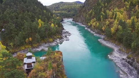 Mountain landscapes overlooking a mountain river with bridge and Island Stock Footage 220034714
