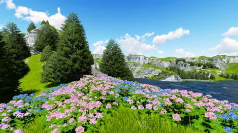 Mountain lawn flowers 3D render Illustrazione stock