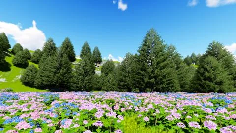 Mountain lawn flowers 3D render Stock Illustration