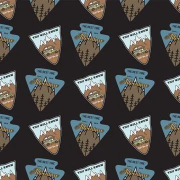 Mountain life badges pattern. Camping Adventure seamless background with Stock Illustration