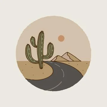 Mountain logo, cactus, road. Stock Illustration