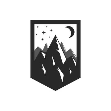 Mountain logo shield shape with moon and stars in minimalist black and whit.. Illustrazione stock
