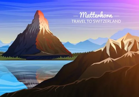 Mountain matterhorn, Evening panoramic view of peaks with waterfall, landscape Illustrazione stock