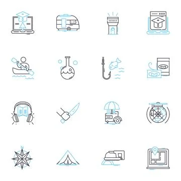 Mountain meadow linear icons set. Blissful, Alpine, Meadowsweet, Pristine Stock Illustration