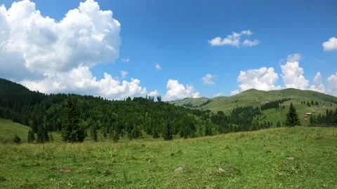 Mountain Meadow Timelapse At The Summer. Clouds, Trees, Green Grass Stock Footage 157352022