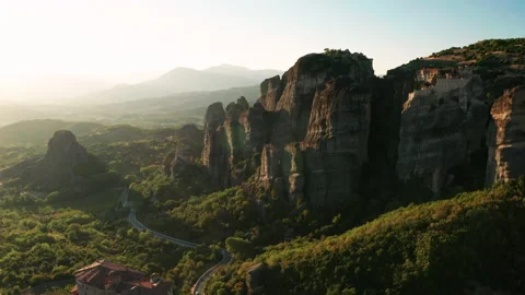 Mountain monastery n Meteora at sunset aerial view. Greece. Stock-Footage 163090307
