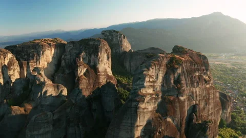 Mountain monastery n Meteora at sunset aerial view. Greece. Stock Footage 163090703