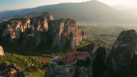 Mountain monastery n Meteora at sunset aerial view. Greece. Stock Footage 163091163