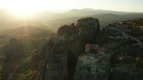 Mountain monastery n Meteora at sunset aerial view. Greece. Stock Footage 163091182