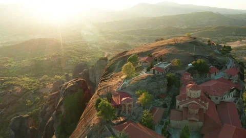 Mountain monastery n Meteora at sunset aerial view. Greece. Stock Footage 163091495