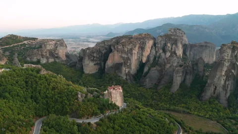 Mountain monastery n Meteora at sunset aerial view. Greece. Stock Footage 163092949