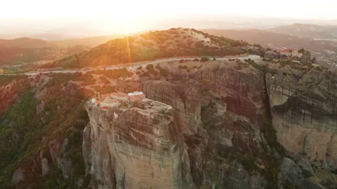 Mountain monastery n Meteora at sunset aerial view. Greece. Stock Footage 163093183