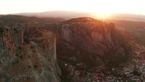 Mountain monastery n Meteora at sunset aerial view. Greece. Stock Footage 163093246