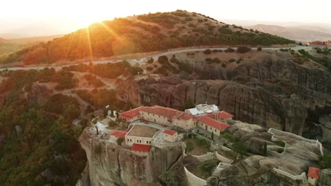 Mountain monastery n Meteora at sunset aerial view. Greece. Stock Footage 163093949