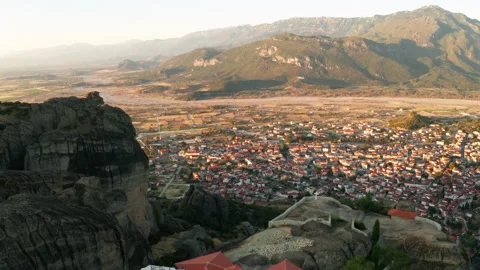 Mountain monastery n Meteora at sunset aerial view. Greece. Stock Footage 163145909