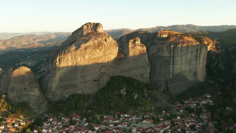 Mountain monastery n Meteora at sunset aerial view. Greece. Stock Footage 163146045