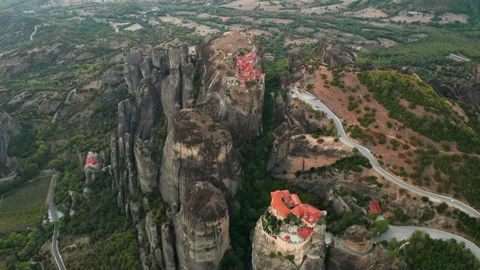 Mountain monastery n Meteora at sunset aerial view. Greece. Stock Footage 168344954