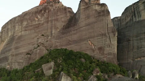 Mountain monastery n Meteora at sunset aerial view. Greece. Stock Footage 168345277