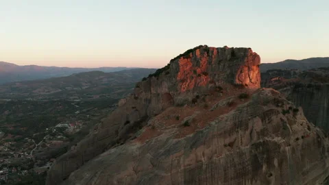 Mountain monastery n Meteora at sunset aerial view. Greece. Stock Footage 168345909