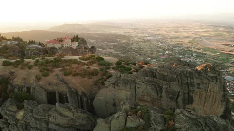 Mountain monastery n Meteora at sunset aerial view. Greece. Stock Footage 168346002
