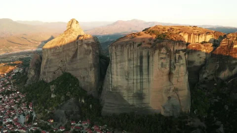 Mountain monastery n Meteora at sunset aerial view. Greece. Stock Footage 168346370