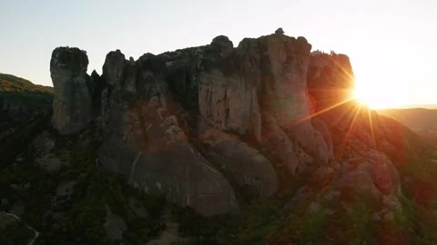 Mountain monastery n Meteora at sunset aerial view. Greece. Stock Footage 168346504