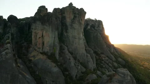 Mountain monastery n Meteora at sunset aerial view. Greece. Stock Footage 168346870