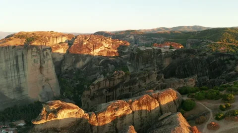 Mountain monastery n Meteora at sunset aerial view. Greece. Stock Footage 168347107