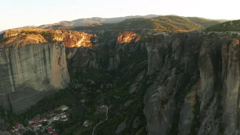 Mountain monastery n Meteora at sunset aerial view. Greece. Stock Footage 168347475