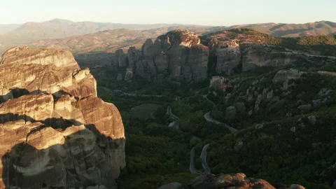Mountain monastery n Meteora at sunset aerial view. Greece. Stock Footage 168348036