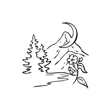 Mountain, moon, tree, flower sketch vector illustration Stock Illustration