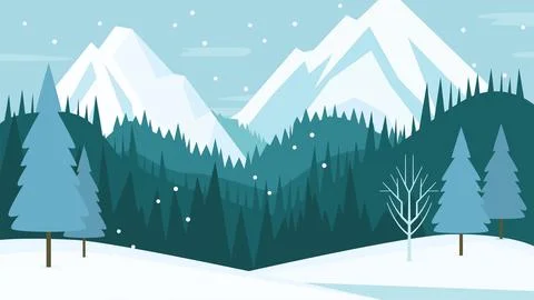 Mountain Nature Landscape with Pine Tree in the Forest in Snow Winter Season Stock Illustration
