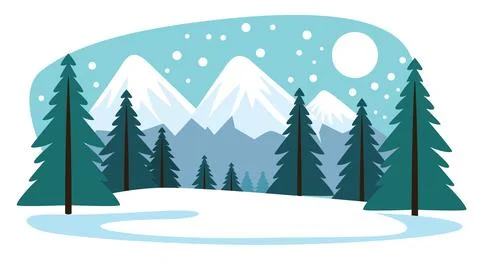 Mountain Nature Landscape with Pine Tree in the Forest in Snow Winter Season Stock Illustration