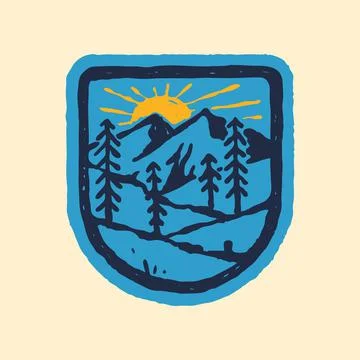 Mountain nature wild badge patch pin graphic illustration vector art t-shirt  Illustrazione stock