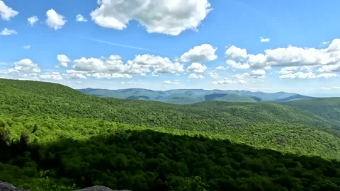 Mountain Overlook Pan Shot of Forest Valley and Clouds from Hiking Trail Stock Footage 336555869