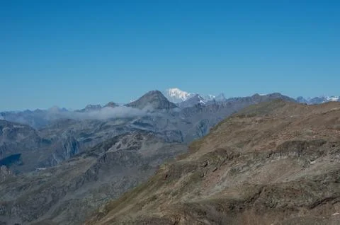 Mountain panorama of Aosta Valley from Monte Rosa massif near Punta Indren. A Stock Photos