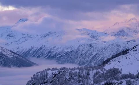 Mountain panorama, foggy landscape, Belalp, Naters, Brig, Canton Valais Stock Photos