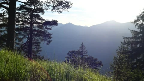 Mountain panorama with grass in the foreground in the evening Stock Footage 219363821