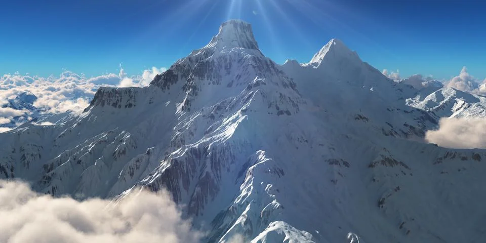 Mountain panorama over the clouds. Computer generated 3D illustration Ilustração Stock