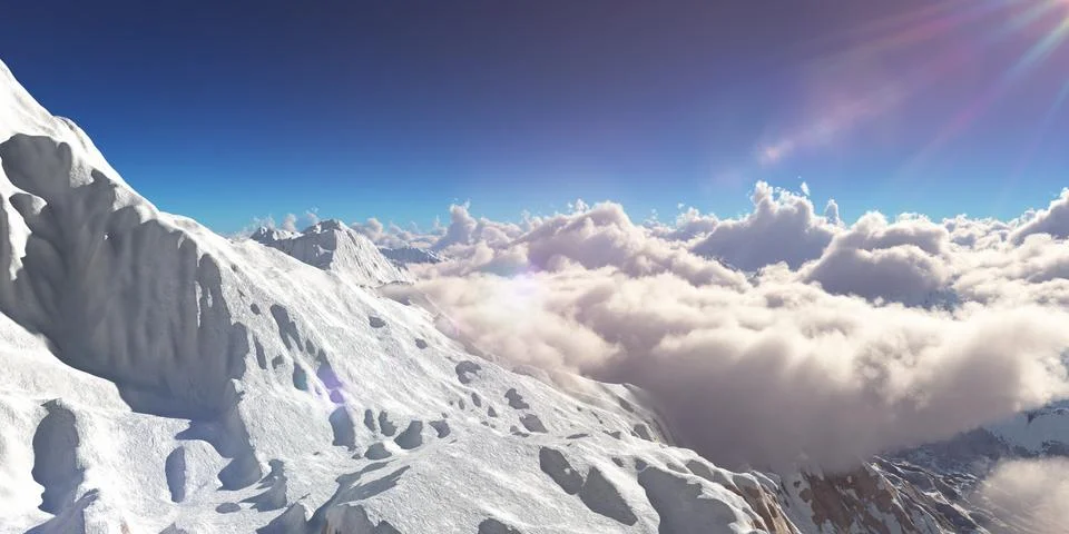 Mountain panorama over the clouds. Computer generated 3D illustration Stock Illustration