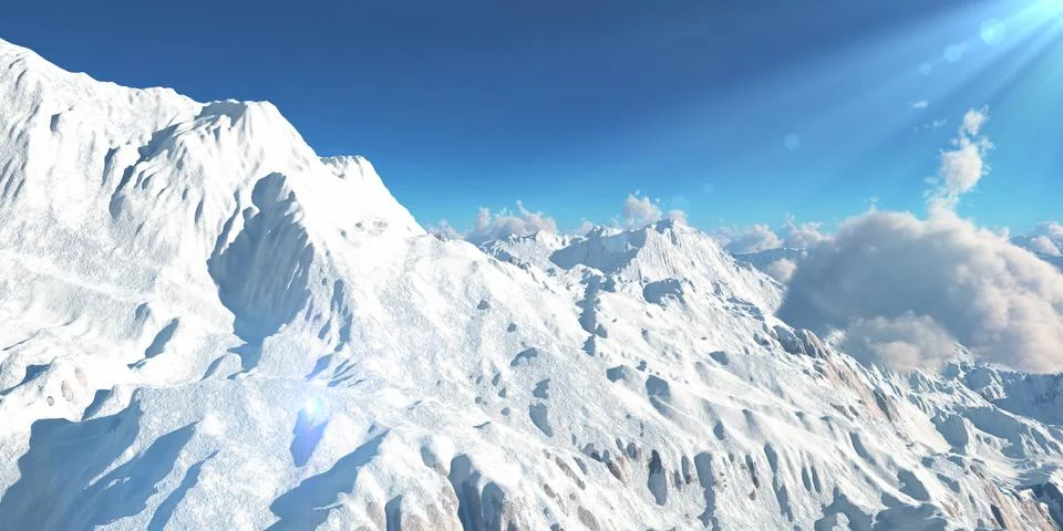 Mountain panorama over the clouds. Computer generated 3D illustration Ilustração Stock