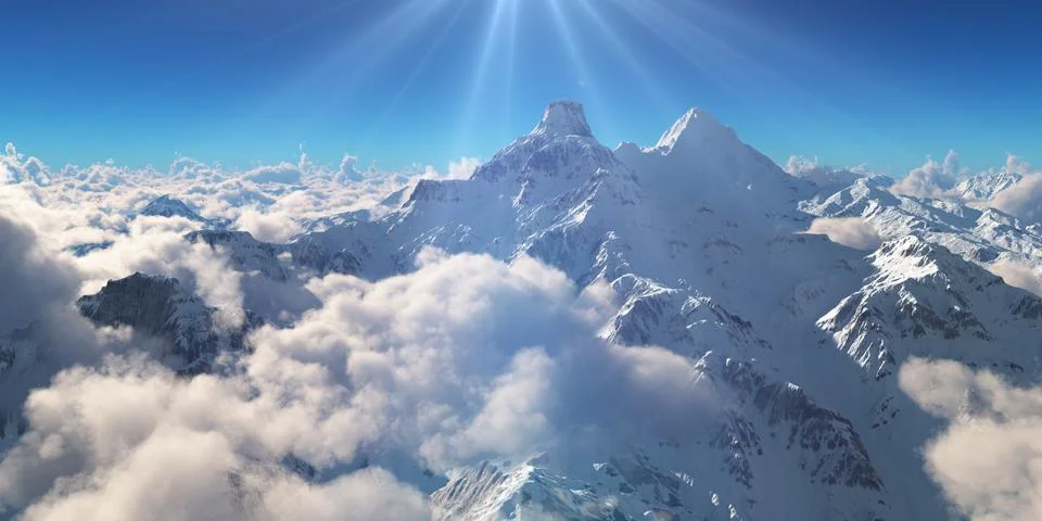 Mountain panorama over the clouds. Computer generated 3D illustration Stock Illustration