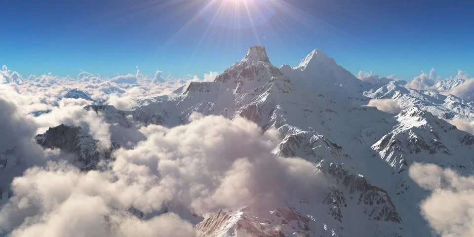 Mountain panorama over the clouds. Computer generated 3D illustration Stock Illustration