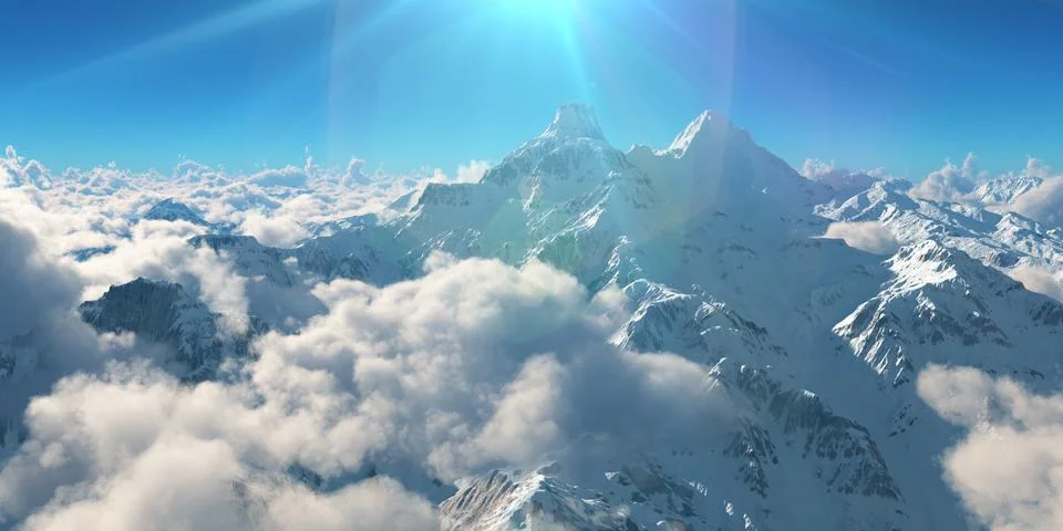 Mountain panorama over the clouds. Computer generated 3D illustration Stock Illustration