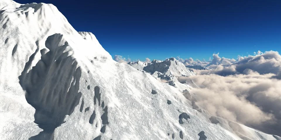 Mountain panorama over the clouds. Computer generated 3D illustration Stock Illustration