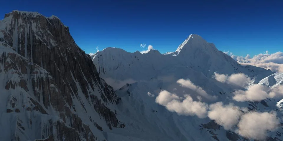 Mountain panorama over the clouds. Computer generated 3D illustration Ilustração Stock