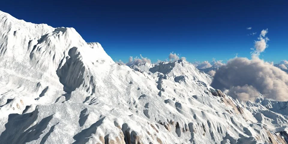 Mountain panorama over the clouds. Computer generated 3D illustration Ilustração Stock