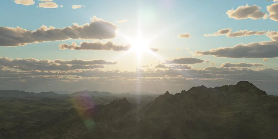 Mountain panorama over the clouds sunset. Computer generated 3D illustration Stock Illustration