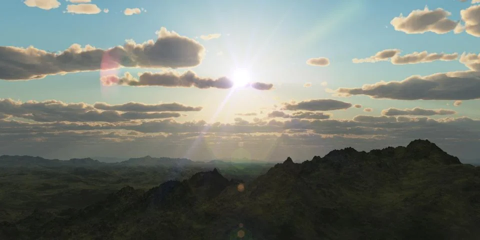 Mountain panorama over the clouds sunset. Computer generated 3D illustration Stock Illustration